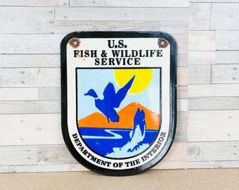 Vintage U.S. Fish Wildlife Service Porcelain Sign Duck Fishing Cabin Wall Decor