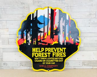 Vintage Shell Gasoline Porcelain Sign | Help Prevent Forest Fires Collectible Gas & Oil Advertising | Free USPS Priority Shipping
