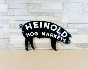 Vintage Heinold Hog Markets Porcelain Pig Sign Farmhouse Barn Wall Decor