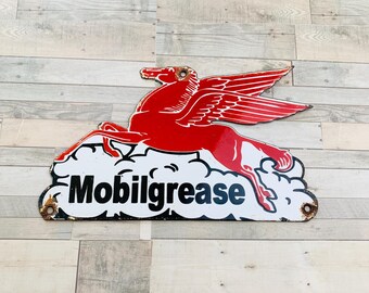 Letrero de porcelana vintage de Mobilgrease: Pegaso rojo, decoración para garaje, 25 x 15 cm.