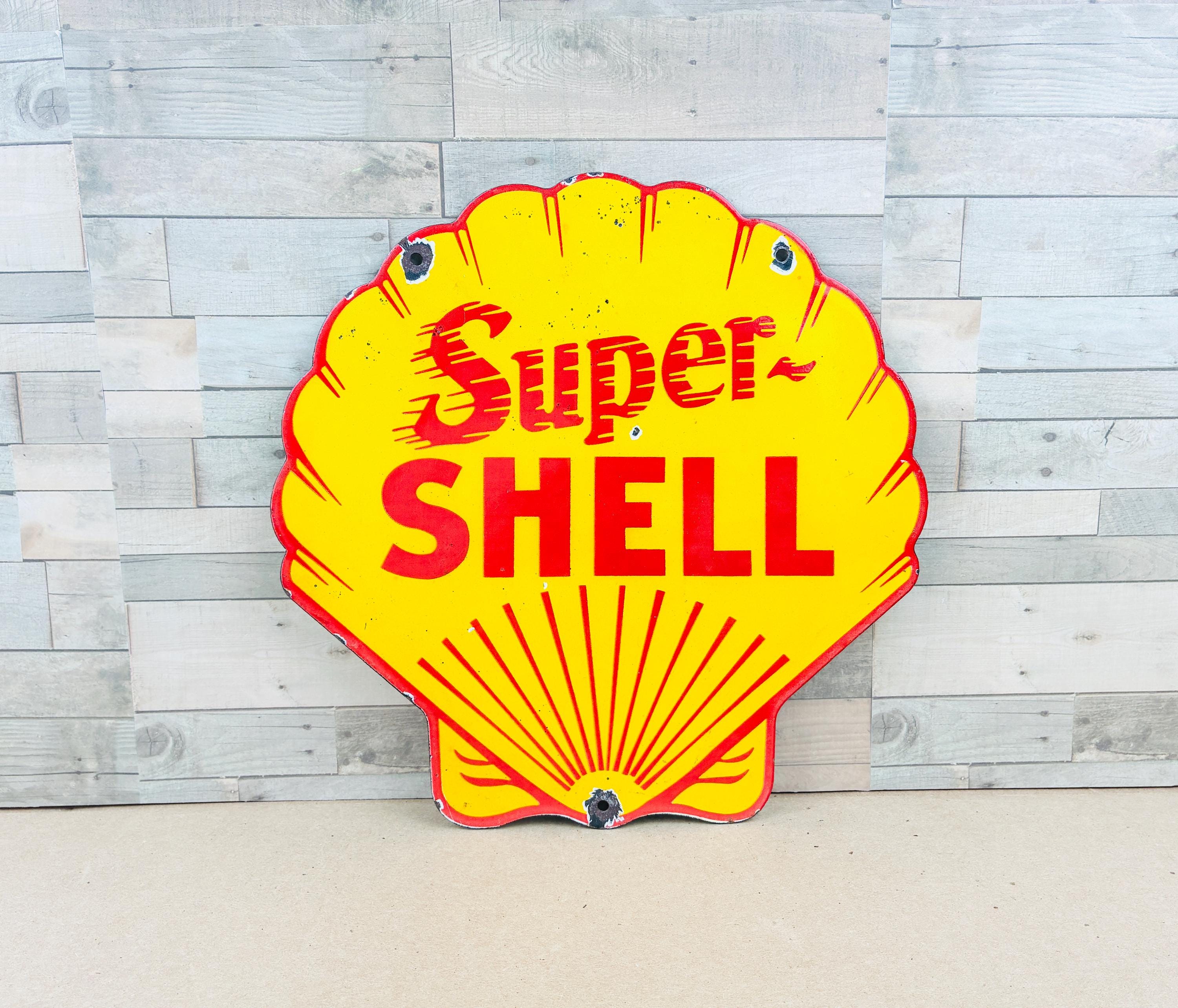 Super Shell Sign Vintage Super Shell Porcelain Sign – Yellow Gas Oil Station Wall Decor ...