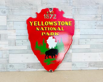 Vintage Yellowstone National Park Porcelain Sign – Est 1872 Arrowhead Bison Die Cut 12x8.75"