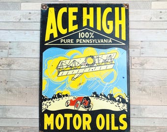 Vintage Ace High Motor Oil Porcelain Sign Gas Oil Advertising Decor 12x8