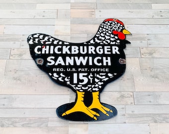 Porcelanowy szyld z burgerem w stylu vintage, reklama restauracji z kurczakiem, wystrój kuchni w stylu retro