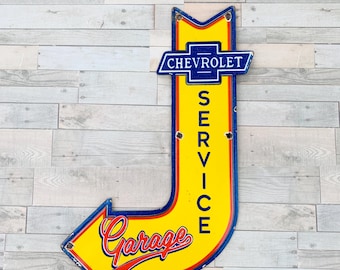 Porcelanowy szyld z zabytkowym garażem serwisowym Chevrolet | Metalowy szyld emaliowany 12x7 Arrow | Kolekcjonerski przedmiot w stylu retro z olejem napędowym | Darmowa wysyłka priorytetowa