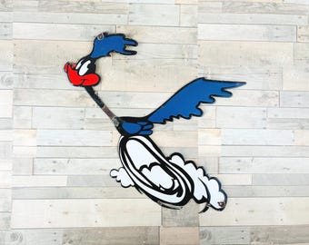 Vintage Plymouth Road Runner Porcelain Sign | Looney Tunes Metal Wall Art | Retro Cartoon Garage Decor | Bluebird Enamel Gas Sign