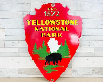 Vintage Yellowstone National Park Porcelain Sign – Est 1872 Arrowhead Bison Die Cut Travel Decor 12x8.75"