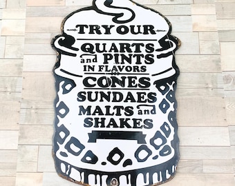 Porcelanowy szyld na lody, rożki do lodów sodowych, desery lodowe, koktajle mleczne