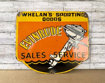 Vintage Evinrude Porcelain Metal Sign • Outboard Motor Sales Service • Nautical Wall Decor • 11x9.5 • Retro Marine Shop Sign