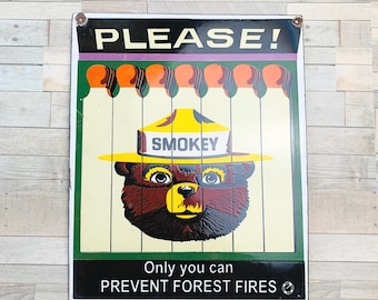 Vintage Smokey Bear Porcelain Sign: National Park Ranger Americana Decor 12x9.5"