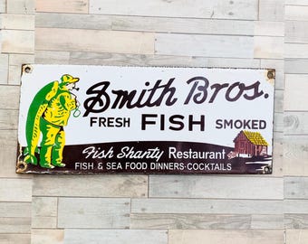 Vintage Smith Bros Fish Sign Porcelain Restaurant Seafood Decor 12x5