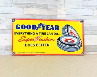 Vintage Goodyear Super Cushion Porcelain Sign Tire Garage Gas Station Decor