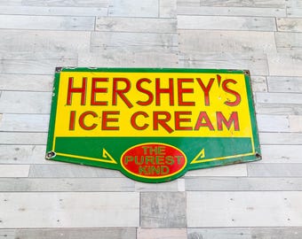 Letrero de porcelana vintage de helados Hershey's de 30 x 18 cm (12 x 7 pulgadas) para decoración de gasolineras o tiendas de refrescos.