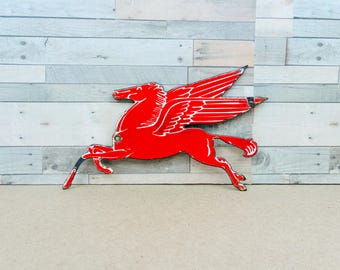 Vintage Mobil Pegasus Porcelain Enamel Sign Red Flying Horse Gas Oil Advertising Garage Man Cave
