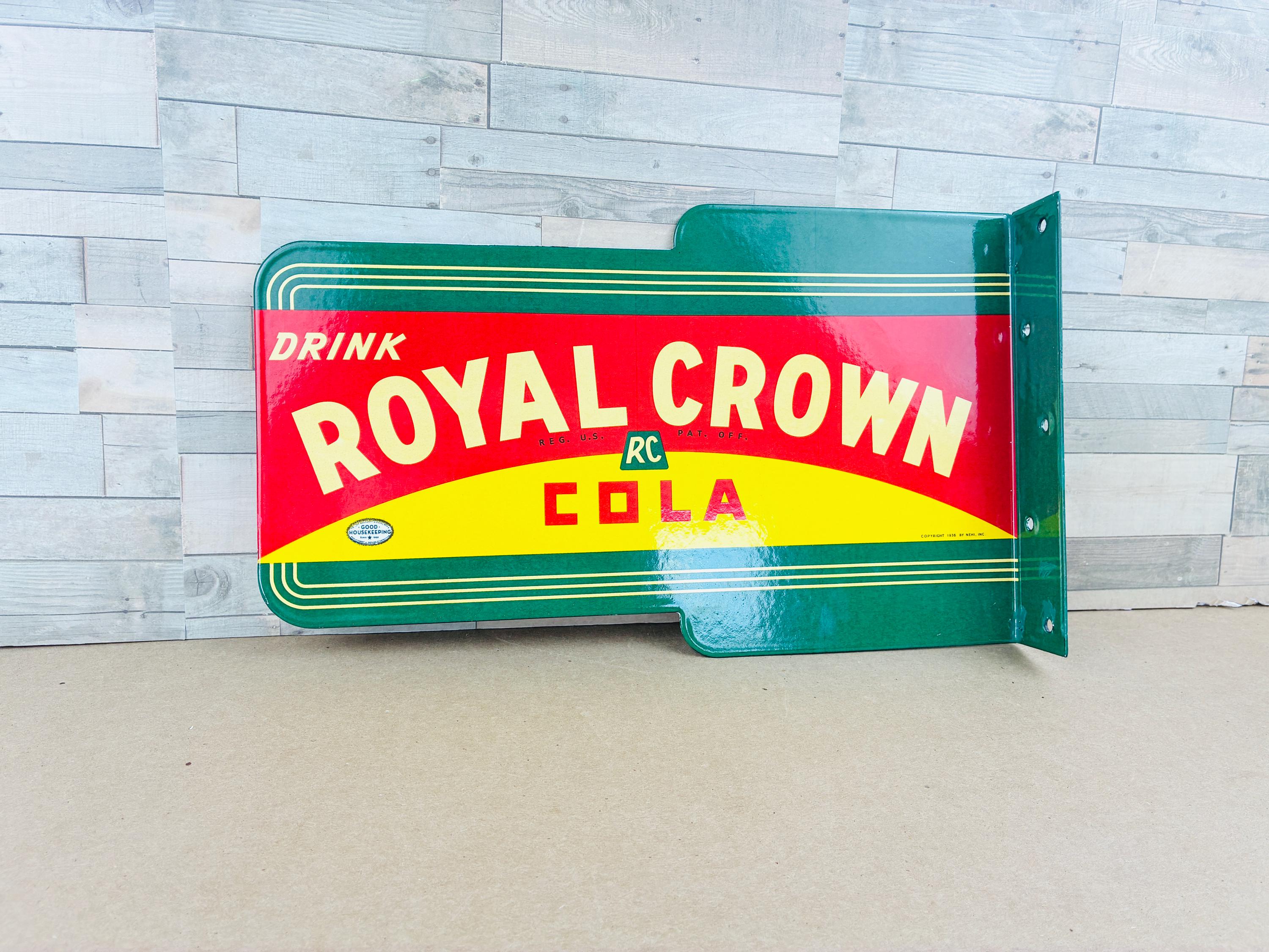 Vintage Royal Crown Cola Porcelain Double Sided Flange Sign: Retro