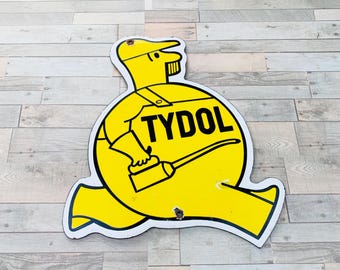 Stary porcelanowy szyld TYDOL z olejem silnikowym, reklama oleju napędowego, dekoracja garażu, jaskinia mężczyzny, 10"x8,5"