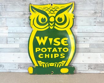 Vintage Wise Potato Chips Porcelain Sign Owl Snack Food Advertising Decor