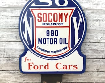 Porcelanowy szyld z napisem „SOCONY Motor Oil” – Standard Oil of New York Gas & Oil Collectible – sztuka ścienna do garażu Ford Cars – darmowa wysyłka