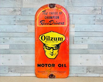 Vintage Oilzum Motor Oil Porcelain Sign: Race Driver Graphic (11x5")