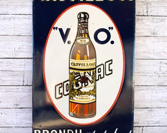 Vintage Castillon Cognac Porcelain Sign • V.O. Brandy Enamel Advertising • French Liquor Metal Sign • 12x7 Bar Decor