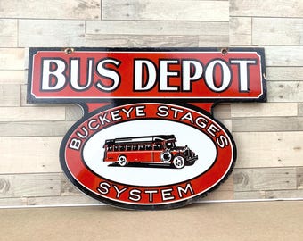 Zabytkowy zajezdnia autobusowa Buckeye Stages Porcelanowy znak transportowy Reklama Dekoracja