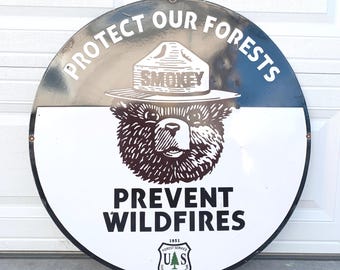 Letrero vintage de porcelana Smokey Bear, tamaño grande, 76 cm / Protejamos nuestros bosques / Servicio Forestal del USDA / Envío prioritario gratuito