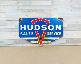 Vintage Hudson Sales & Service Porcelain Sign | Automobile Dealer Garage Décor