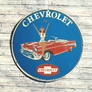 Vintage Chevrolet Porcelain Sign – 1950s Pin-Up Girl Classic Car Gas Oil Advertising Automobilia Garage Wall Decor