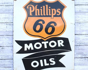 Vintage Phillips 66 Porcelain Sign – 10x8 Gas & Oil Motor Oils Plate – Retro Garage Decor – FREE USPS Priority Shipping