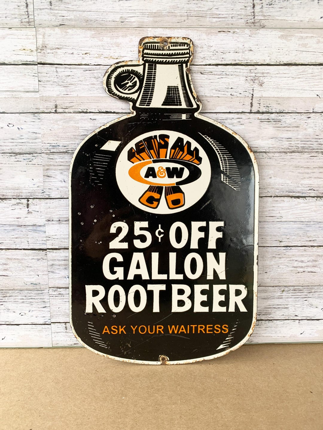 Root Beer Rip Off Vintage A&W Root Beer Porcelain Sign • 25c off Gallon Jug Promo • Retro ...