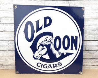 Stary porcelanowy szyld z cygarami Coon | Antyczna reklama tytoniu kolekcjonerska | Sztuka ścienna w męskiej jaskini w sklepie z cygarami