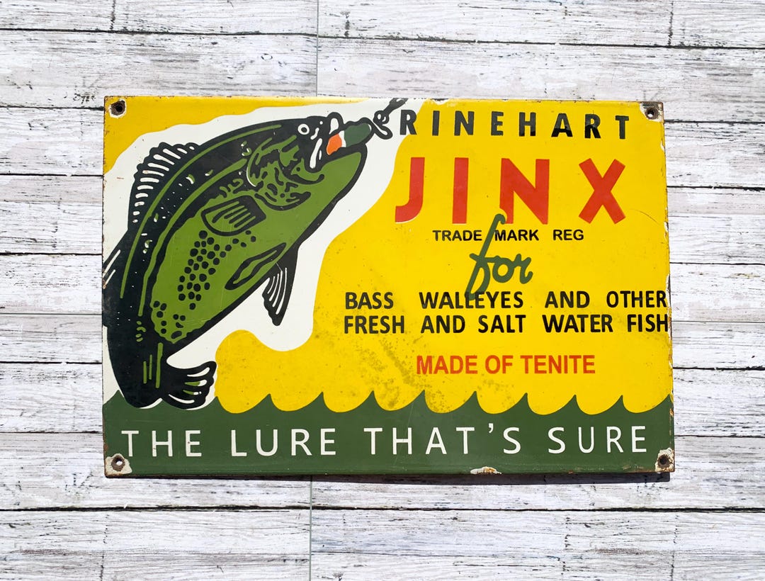 Vintage Rinehart Jinx Porcelain Fishing Sign | “the Lure That’s Sure ...