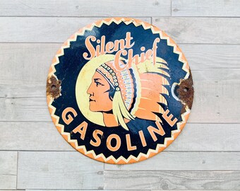 Vintage Silent Chief Gasoline Porcelain Sign 6” DOME Native American Oil Gas Decor