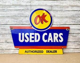Porcelanowy szyld z napisem „Vintage OK Used Cars” | Reklama autoryzowanego dealera benzyny i oleju | Darmowa priorytetowa wysyłka