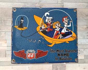 Vintage Jetsons Porcelain Sign • Phillips 66 Aviation Metal Sign • Retro Cartoon Gas Oil Decor • Enamel Wall Art • Free Priority Shipping