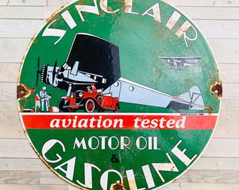 Vintage Sinclair Gasoline Porcelain Sign Aviation Motor Oil Round Garage Decor