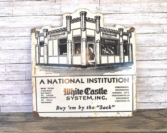 Letrero de porcelana vintage de White Castle / Publicidad de restaurante americano / Decoración de pared para comedor / Letrero de metal esmaltado / 11,5 x 12