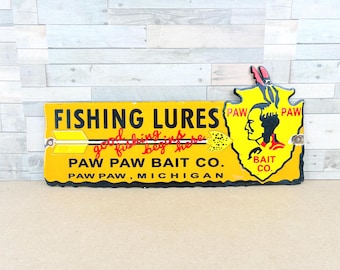 Vintage Paw Paw Bait Fishing Lures Porcelain Sign Michigan Advertising Decor