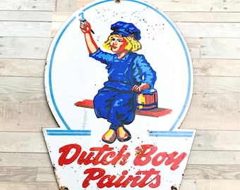 Vintage Dutch Boy Paints Porcelain Sign Painter Girl Garage Decor 12x8.5