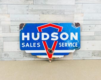 Vintage Hudson Sales & Service Porcelain Sign | Automobile Dealer Garage Décor