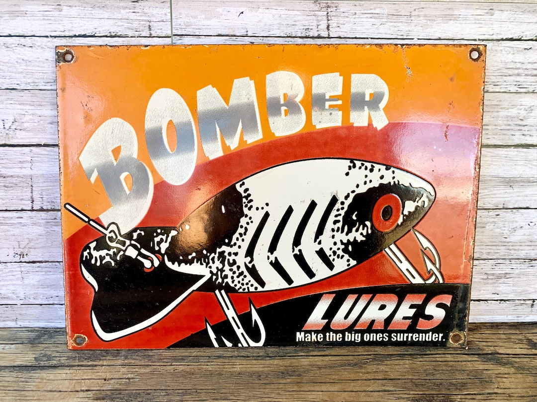 Vintage Bomber Lures Porcelain Sign | Antique Fishing Advertising ...
