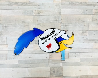 Vintage Plymouth Performance Team Roadrunner head Porcelain Sign Mopar Garage Decor
