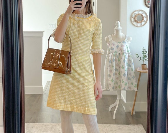 Vintage Handmade Yellow checker ruffle trim dress-Small