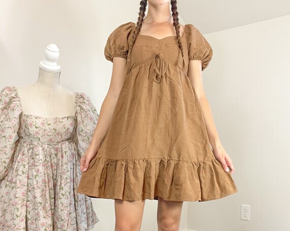 Brown Puff Sleeve Baby Doll Dress-Medium