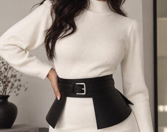 Leather Peplum Belt, Genuine Leather Corset Waist Belt, Wide Cincher Belt, Hourglass Silhouette, Handmade Women’s Accessory