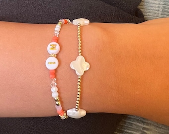 Handmade Gold Filled Clover Bracelet: Mother of Pearl Beaded Jewelry