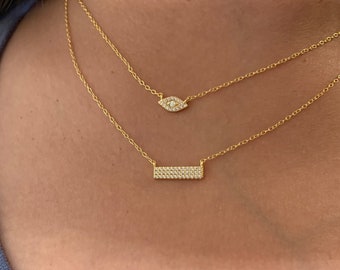Sterlingzilveren ketting met effen staaf: hanger met zirkonia