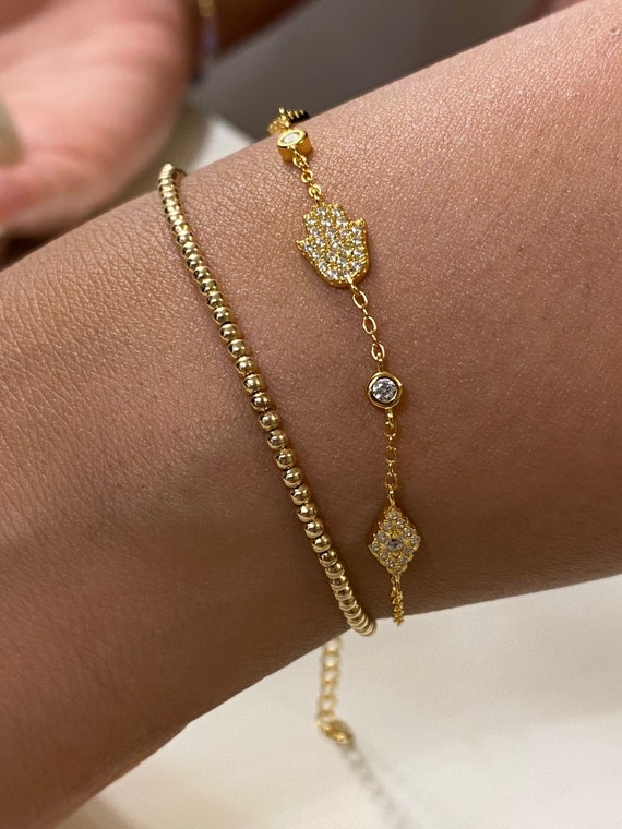 Hamsa Hand Bracelet With Slider Closure Fatima's Hand Bracelet Available in  Gold, Silver or Rose Gold With Cubic Zirconia Stones Gift - Etsy