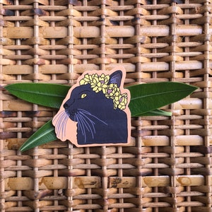Gato preto com coroa de flor doodle adesivo de vinil à prova d'água/adesivo de hidroflasco/adesivo para laptop/adesivo para garrafa de água