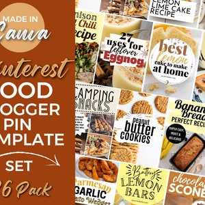 May include: A set of 26 Pinterest food blogger pin templates. The templates feature various recipes, including lemon cake, peanut butter cookies, and banana bread. The design includes text such as "Made in Canva" and "Best lemon cake to make at home."
